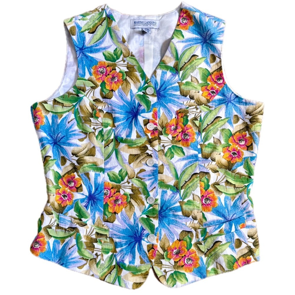 Vintage Floral Button Front Vest in Blue, Green, Pink